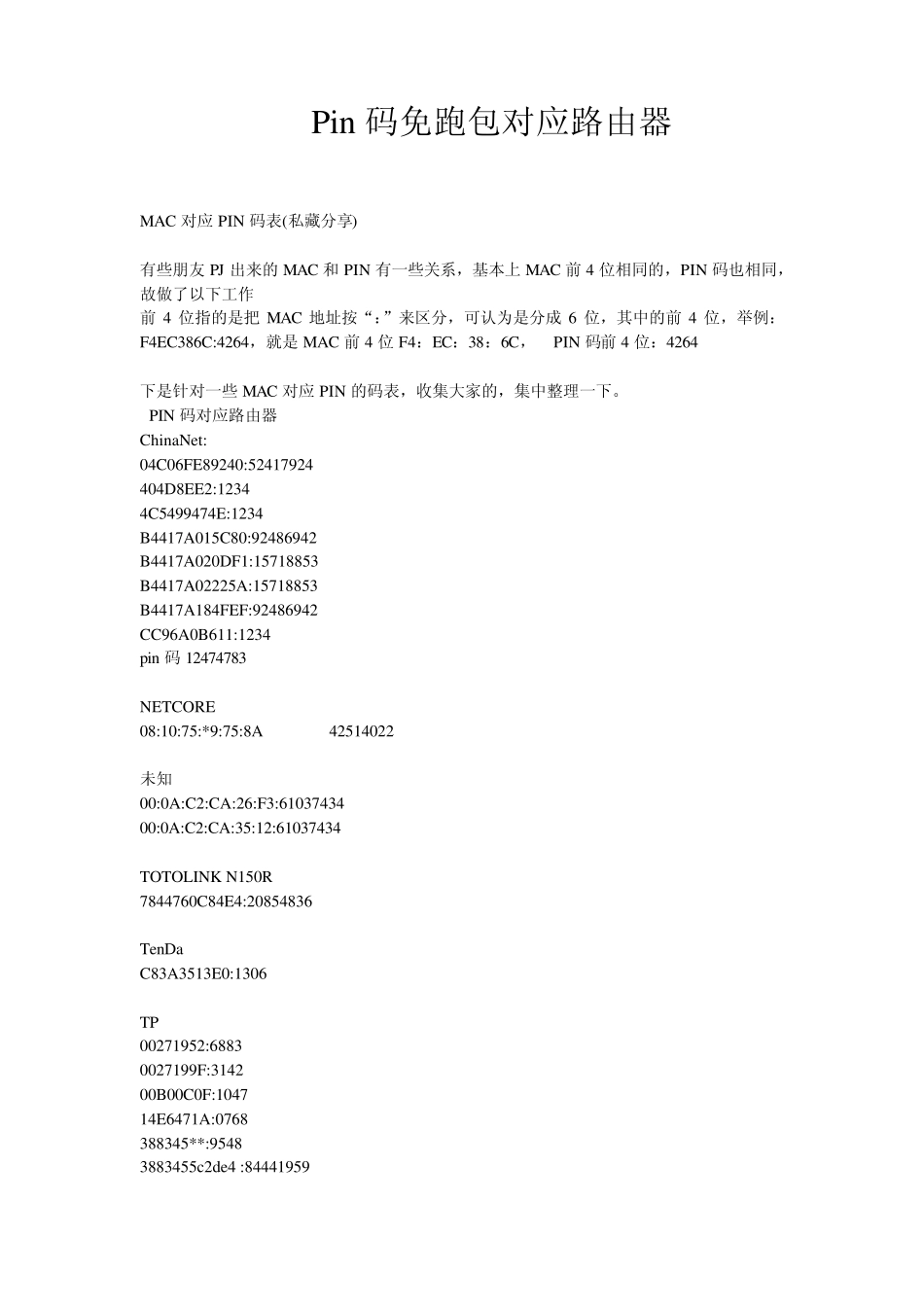 PIN码免跑包MAC对应PIN码表_第1页