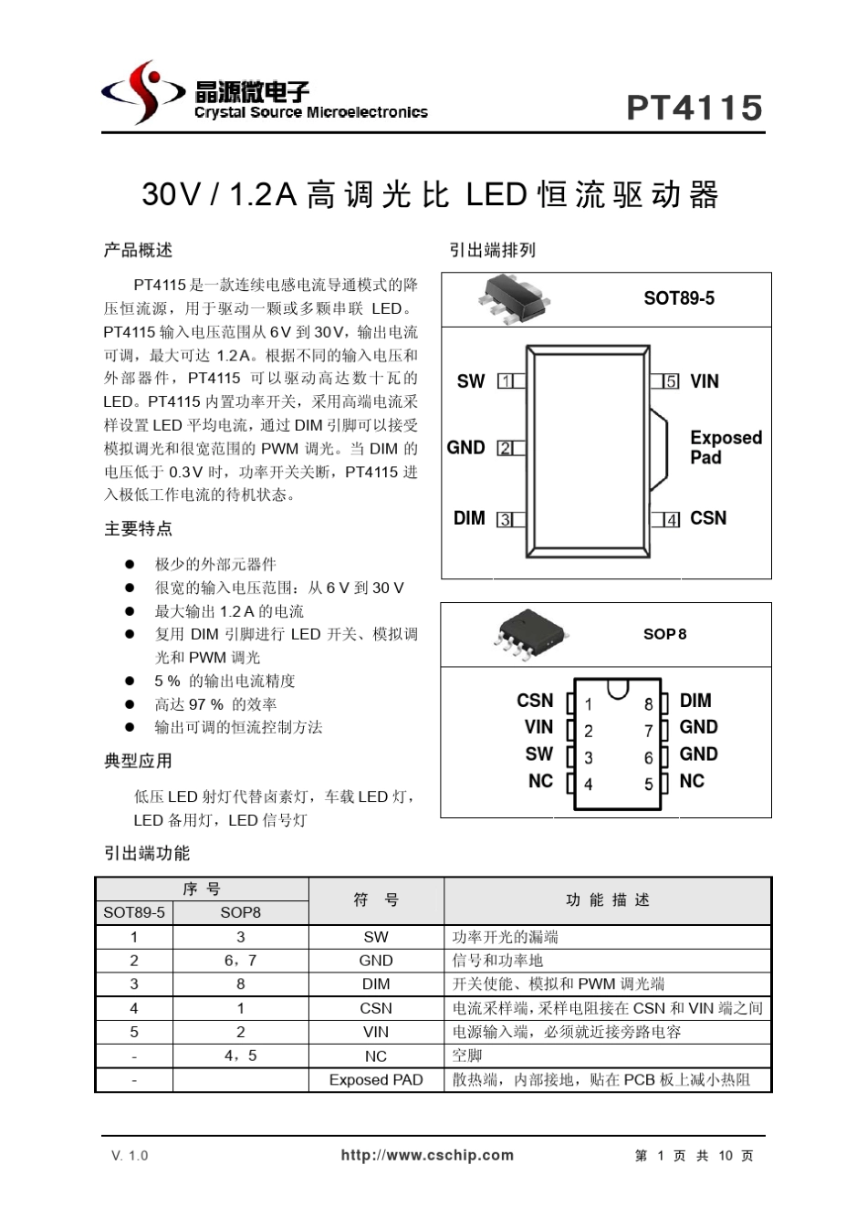 PT4115晶源微30V1.2A高调光比LED恒流驱动器_第1页