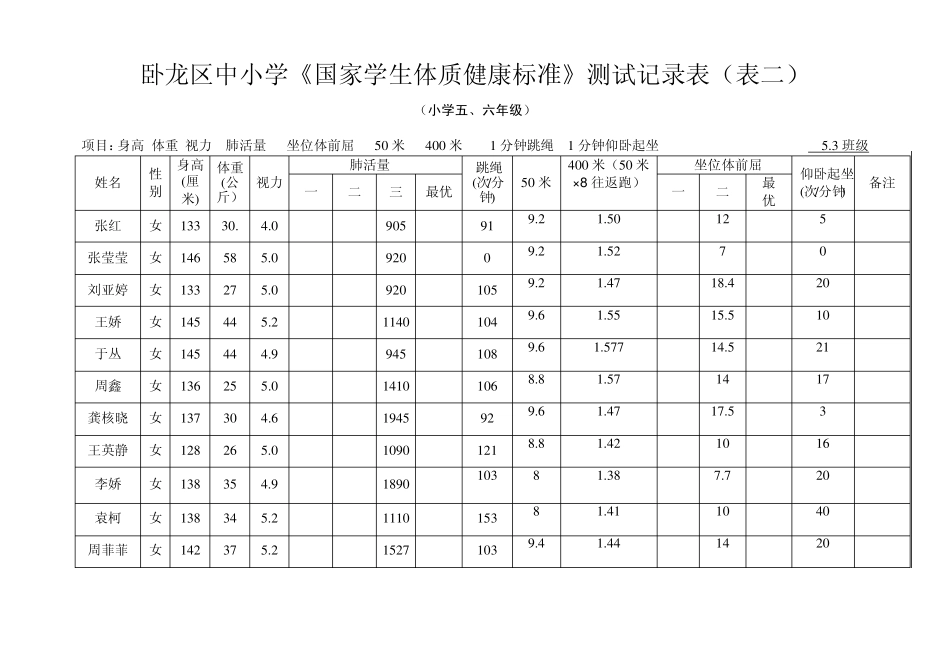 中小学《国家学生体质健康标准》测试记录表_第1页