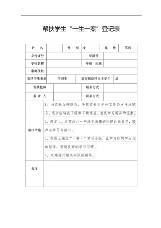 中小学帮扶学生一生一案登记表