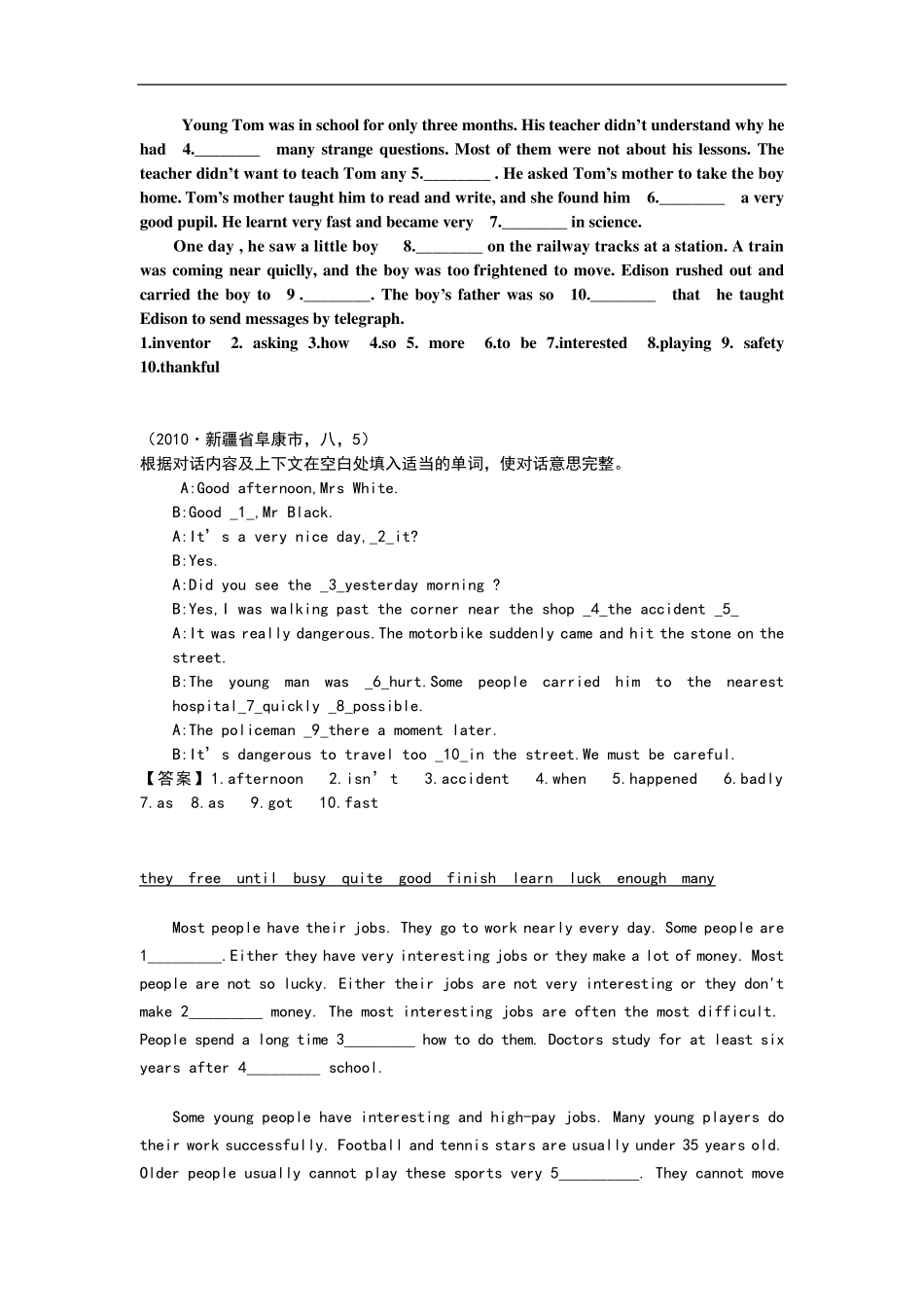 中考英语12选10(短文填词选词填空)练习_第2页