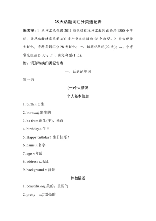 中考英语28天话题词汇单词分类速记表