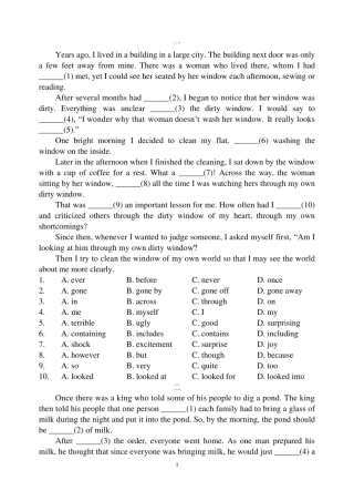 中考英语完型填空练习10篇及答案