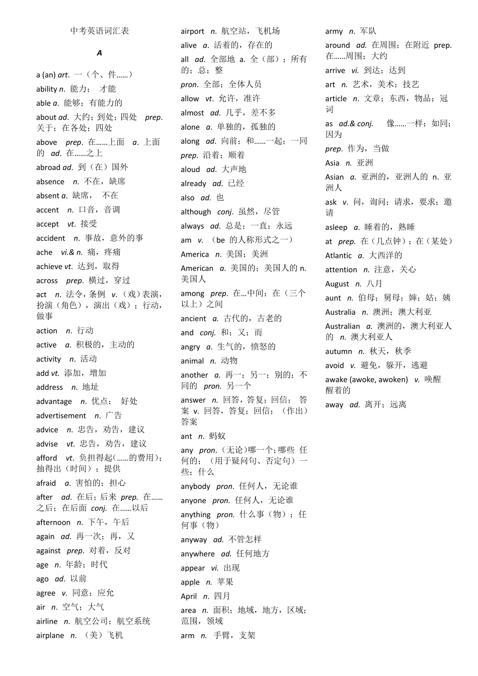中考英语必背词汇表_第1页