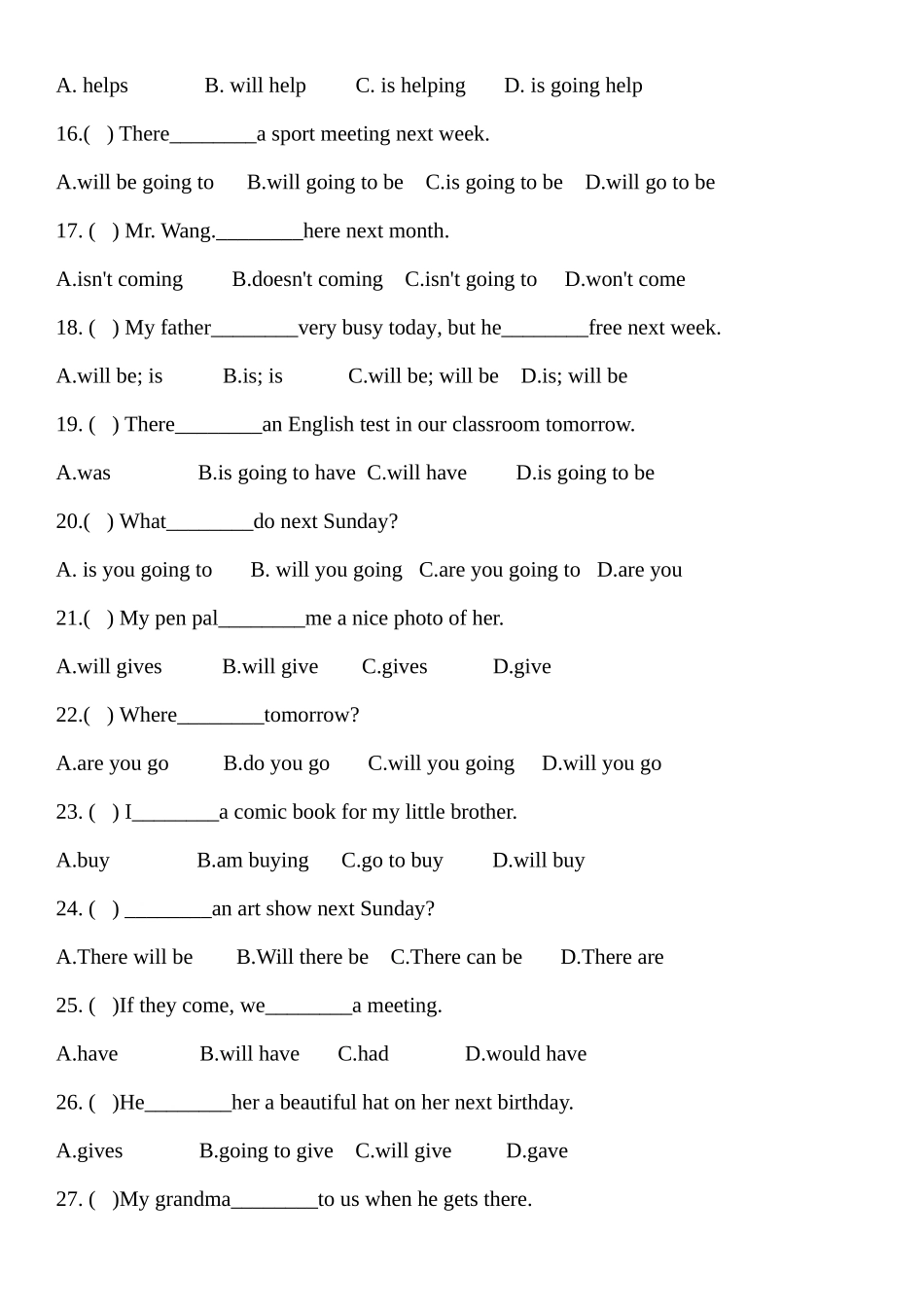 英语一般将来时练习题(可编辑含答案)_第3页