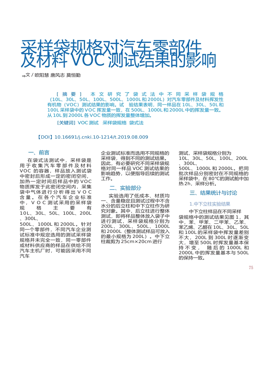 采样袋规格对汽车零部件及材料VOC测试结果的影响_第1页