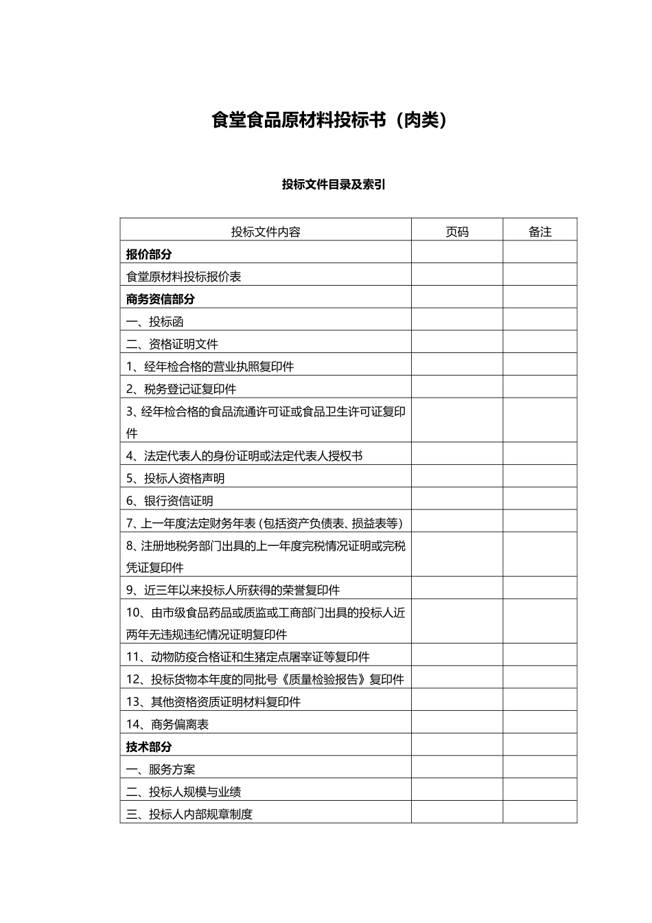 食堂食材配送肉类投标文件范本---副本_第1页