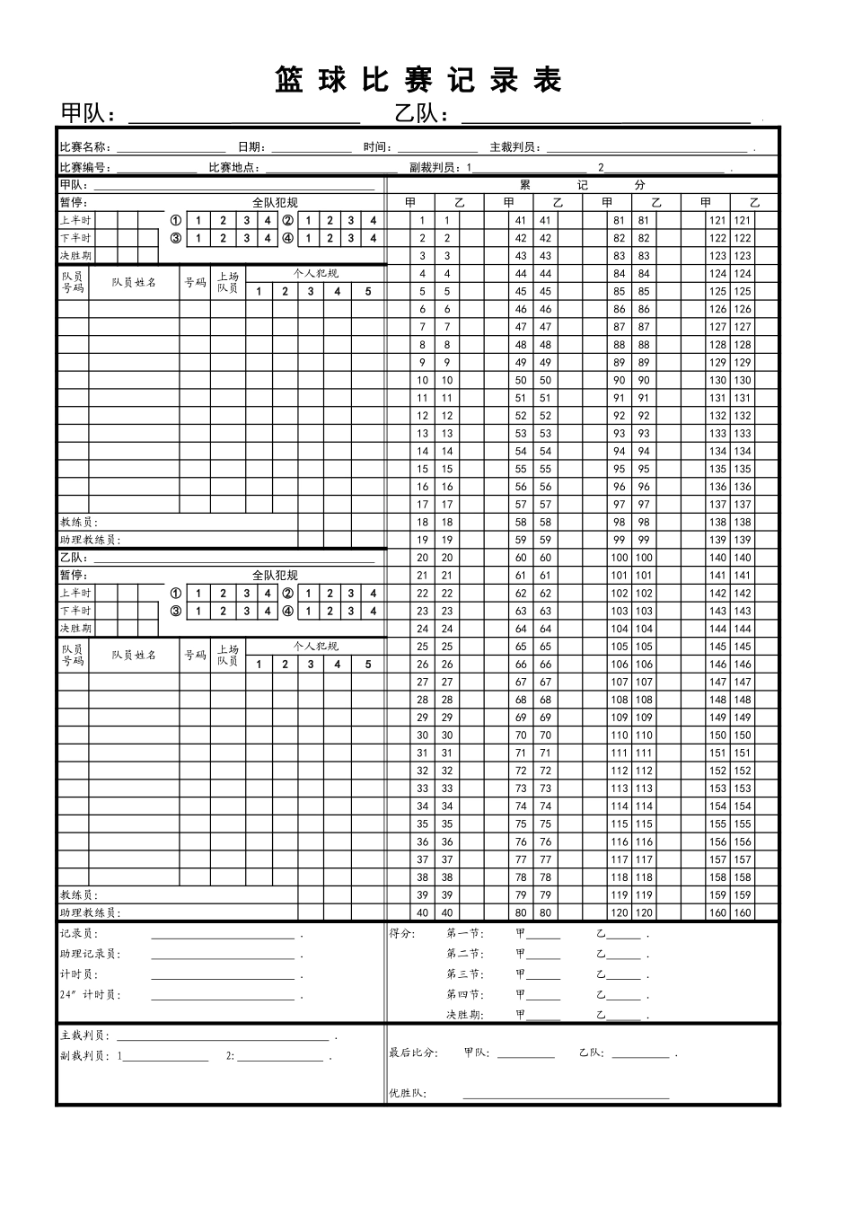 篮球比赛记录表_第1页