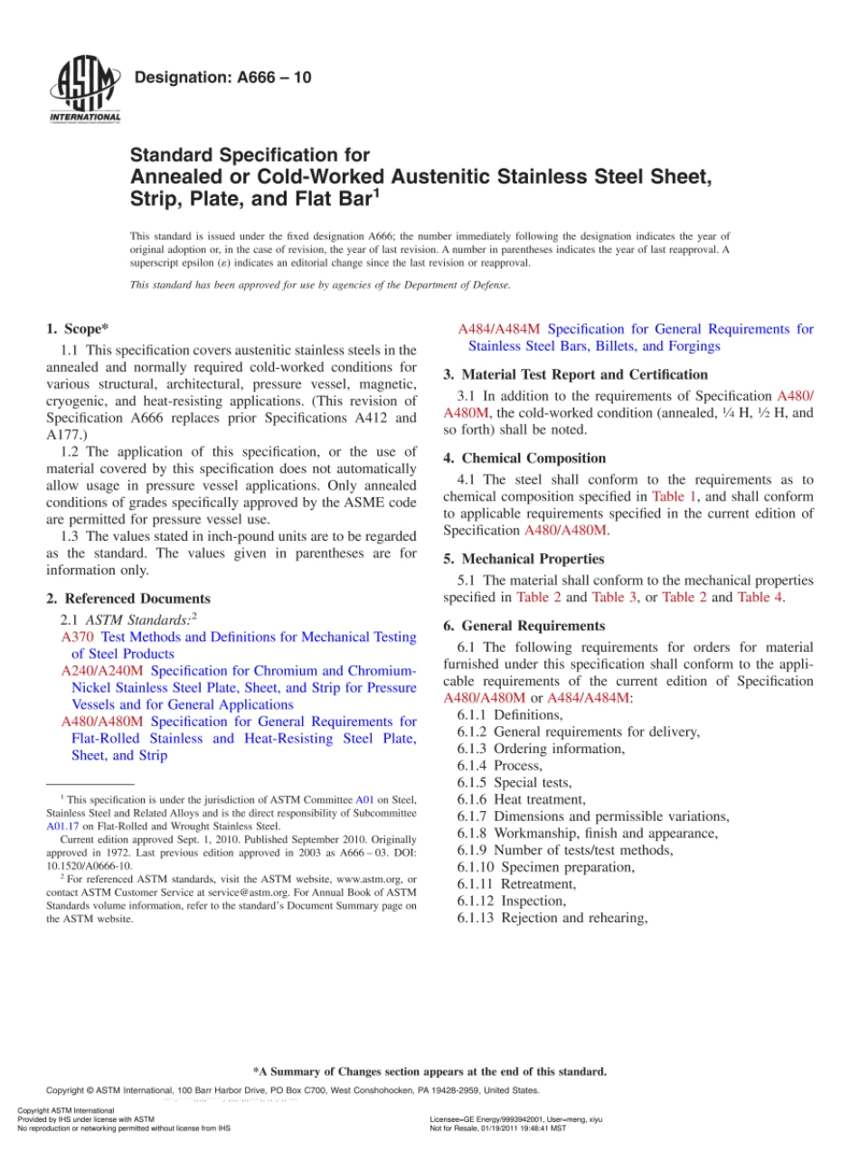 ASTM A666-2010奥氏体不锈钢薄板、钢带、钢板和扁钢的标准规范_第1页