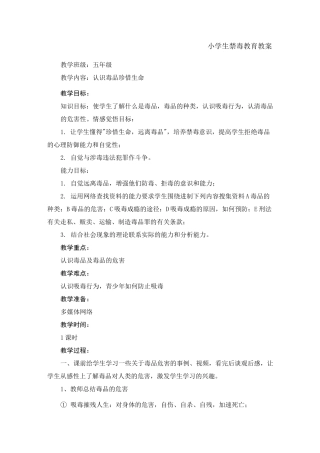 小学生禁毒教育教案五年级