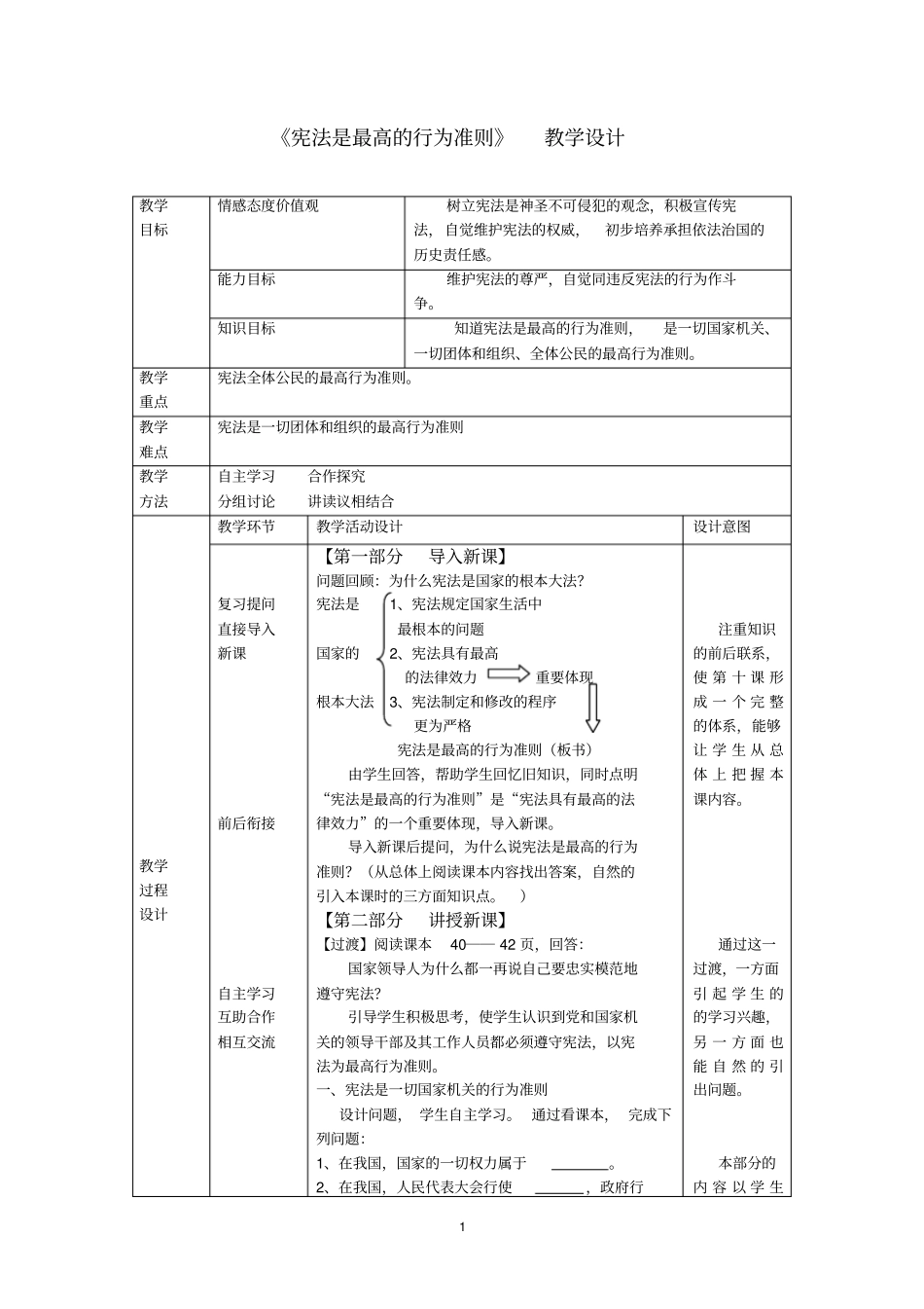 宪法是最高的行为准则教学设计_第1页