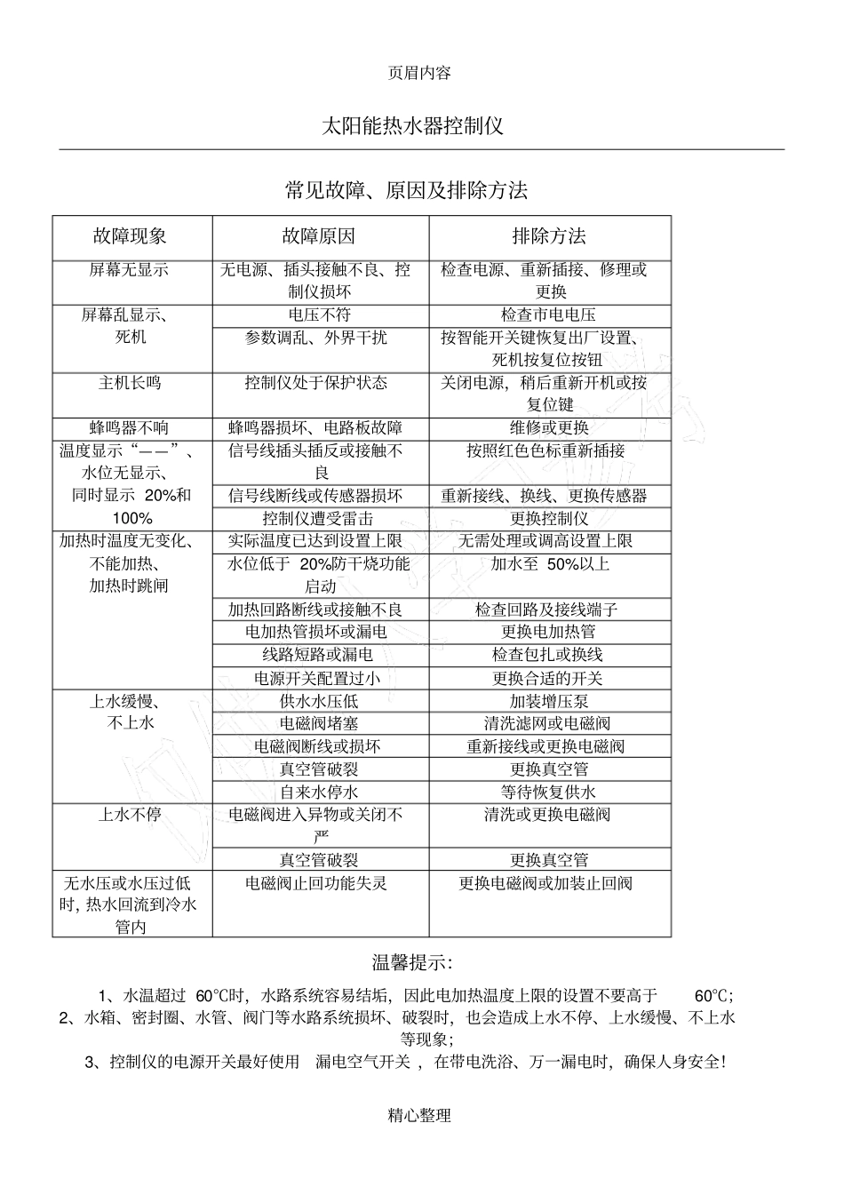 家用太阳能热水器控制仪常见故障、原因及排除方法_第1页