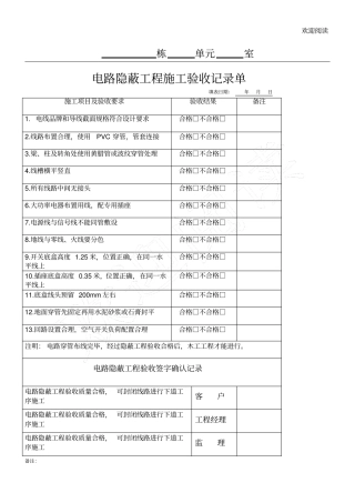 家装水电工程施工验收单