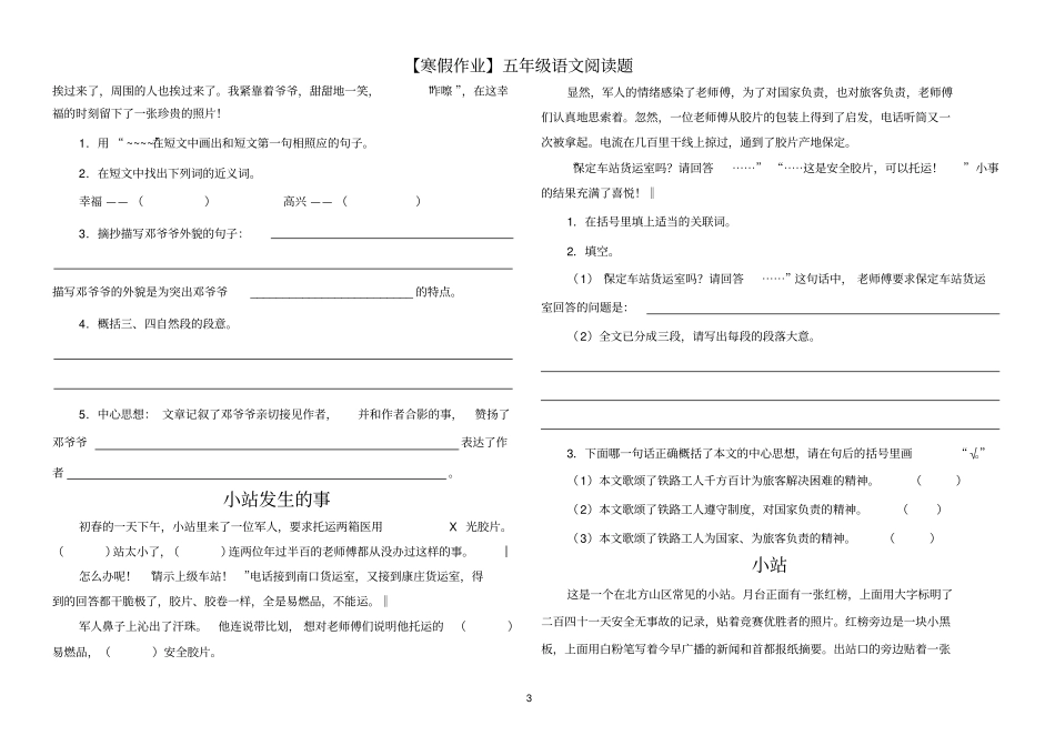 寒假作业五年级语文阅读题有答案_第3页