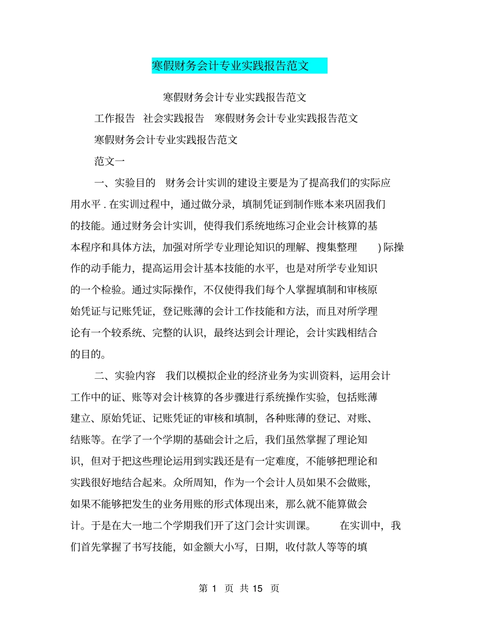 寒假财务会计专业实践报告范文_第1页