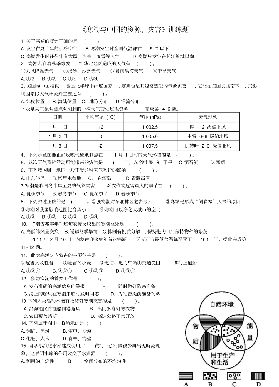 寒潮与中国的资源专题训练题_第1页