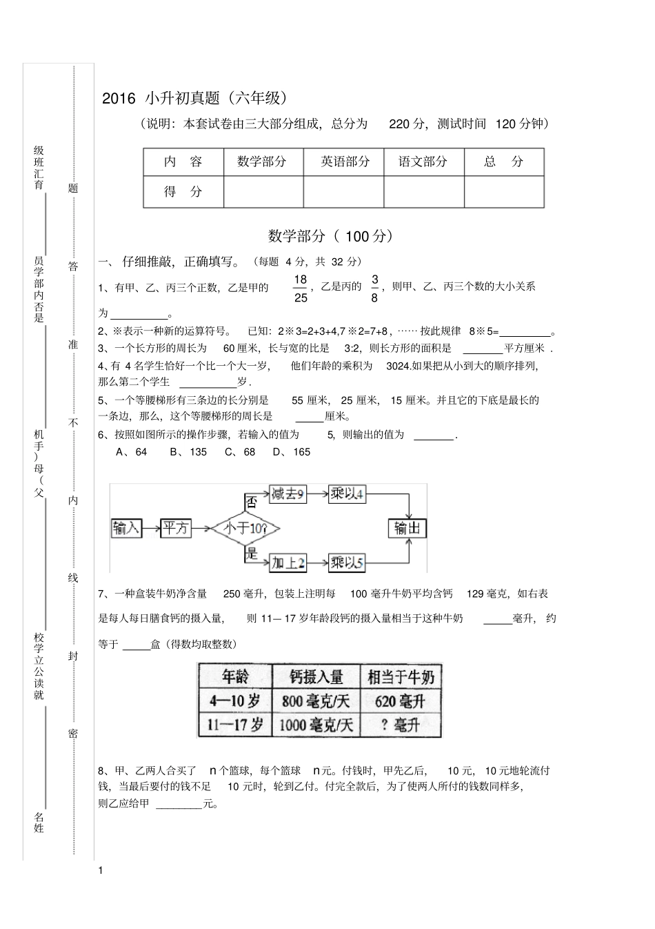 小升初-语数英真题_第1页