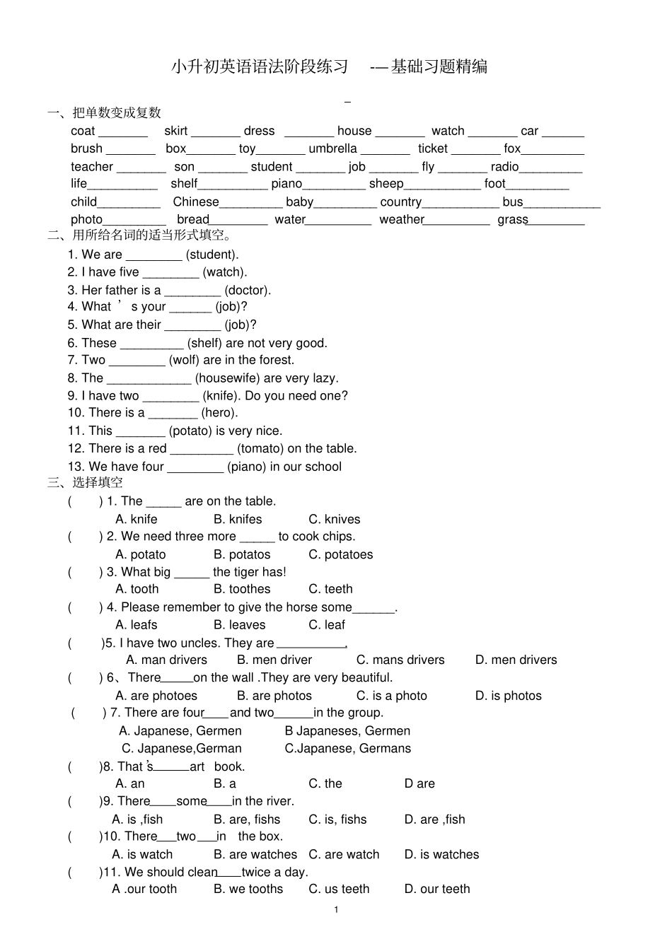小升初名词、冠词、代词练习_第1页