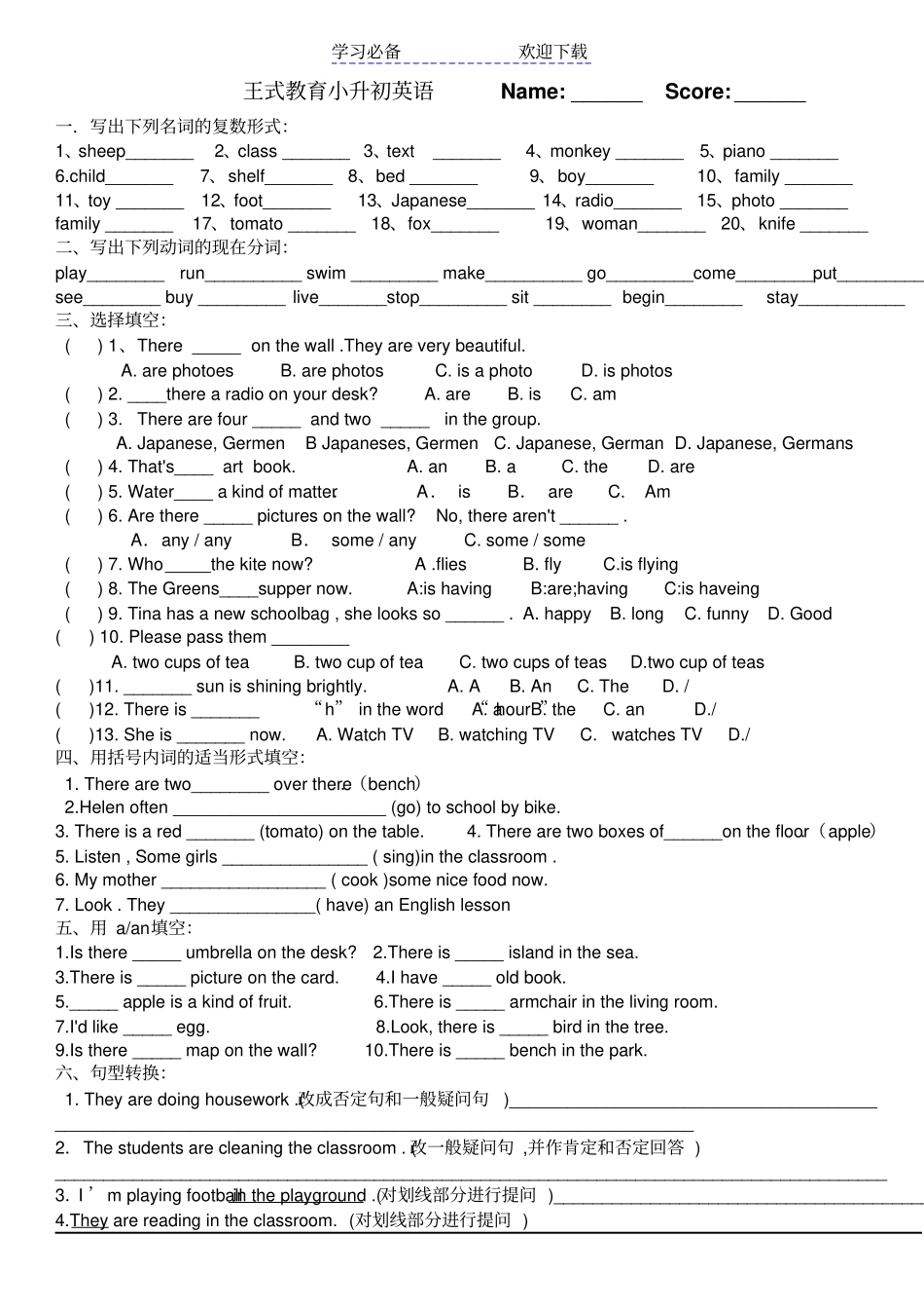 小升初英语一现,现进,冠词习题_第2页