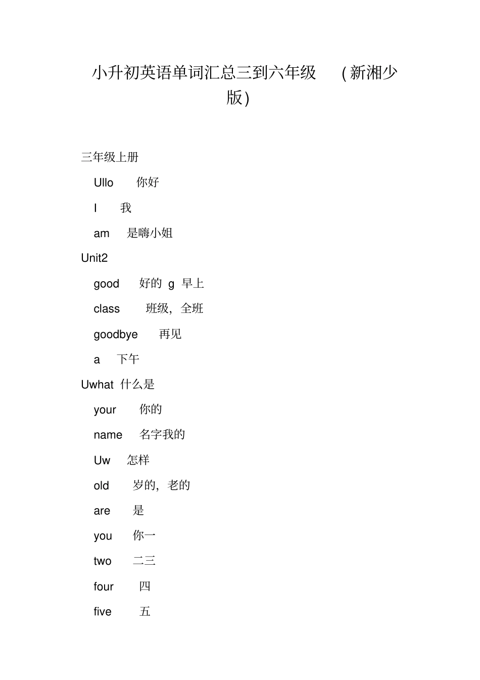 小升初英语单词汇总三到六年级新湘少版_第1页