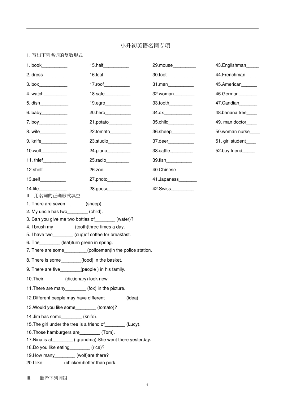 小升初英语名词专项试题_第1页