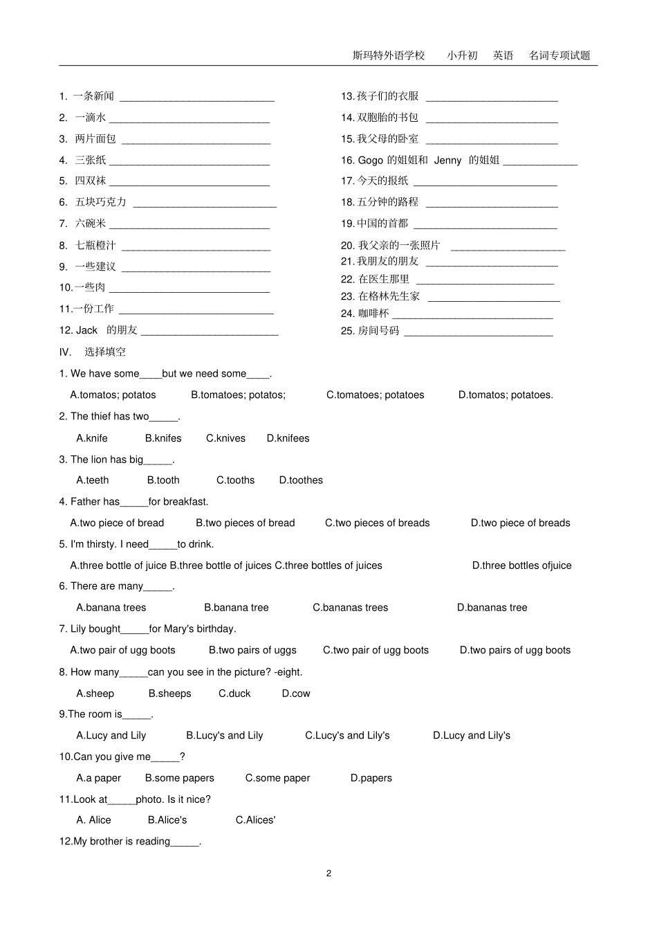 小升初英语名词专项试题_第2页
