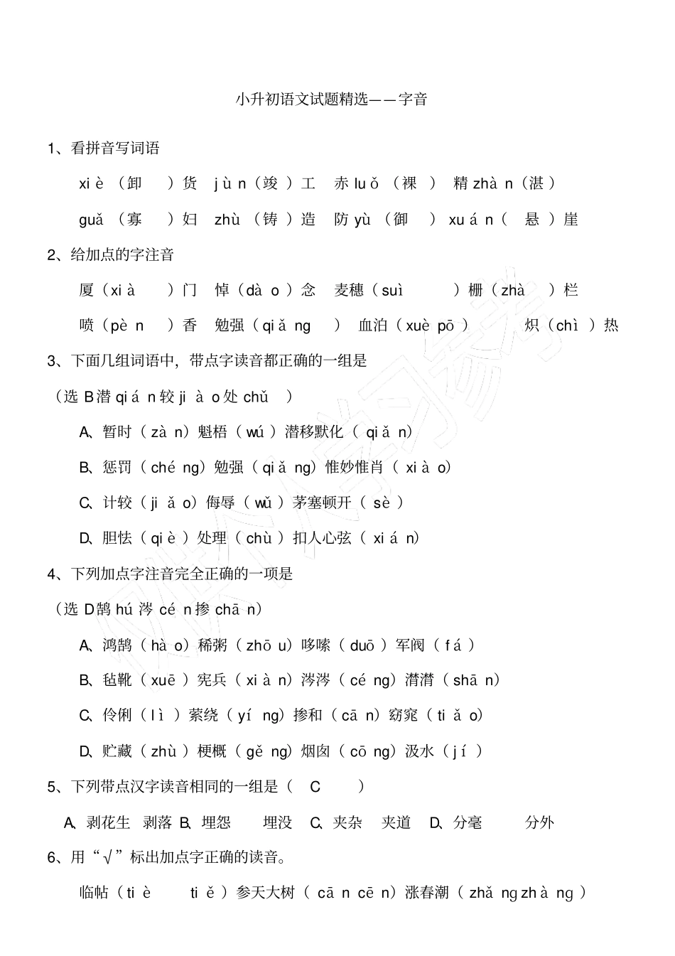 小升初语文基础专项训练答案版_第1页