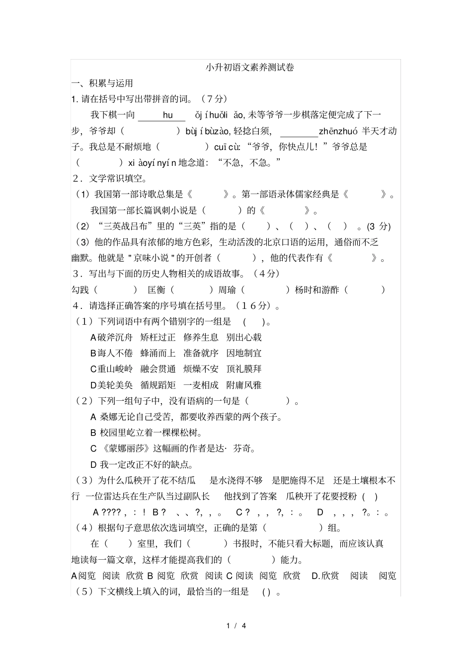 小升初语文素养测试卷_第1页