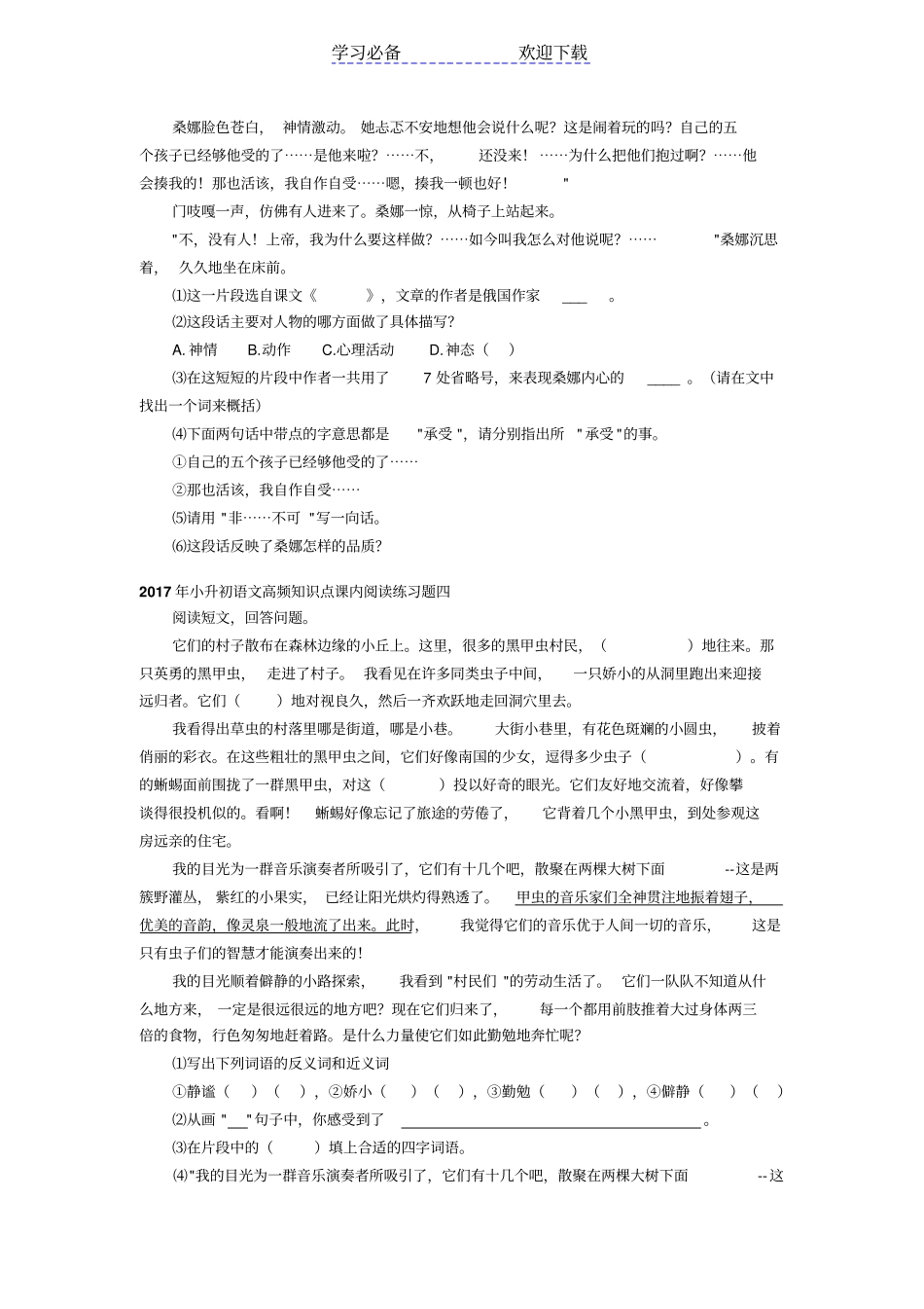 小升初语文高频知识点课内阅读练习题_第2页