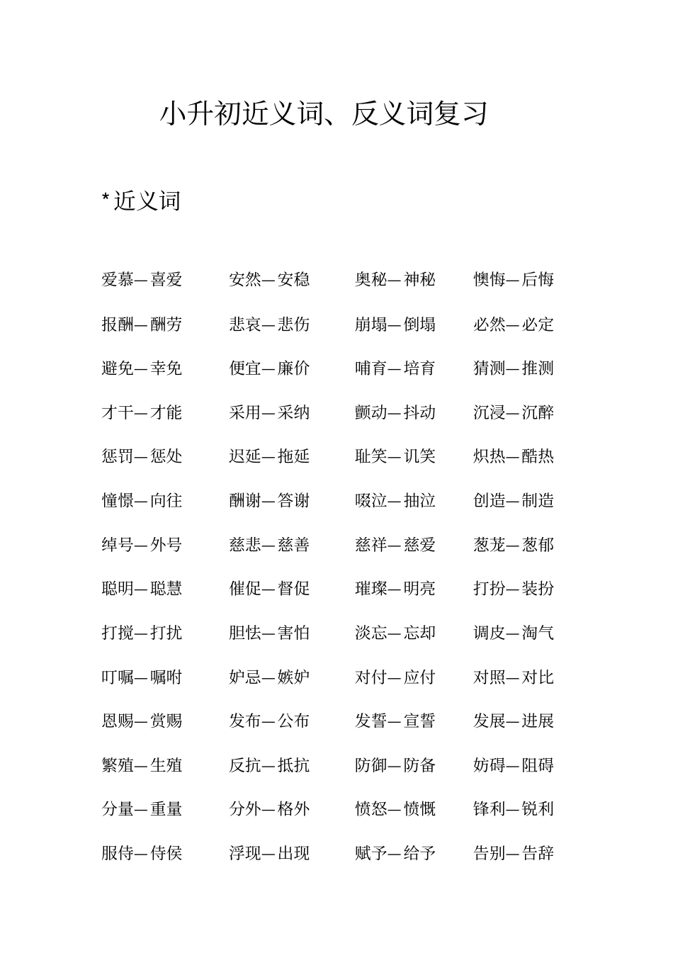 小升初近义词、反义词复习_第1页