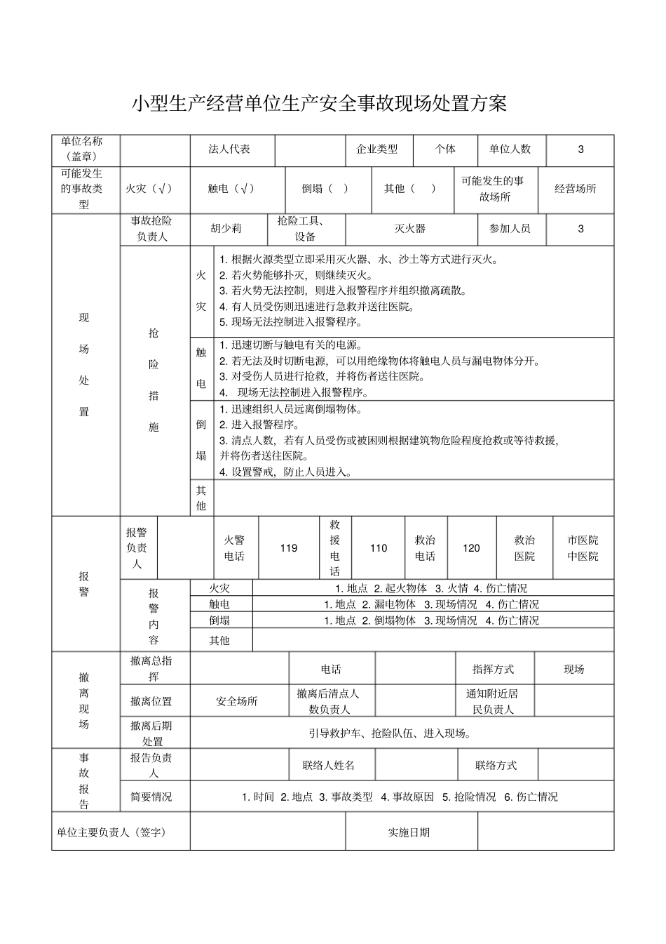 小型生产经营单位生产安全事故现场处置方案_第1页