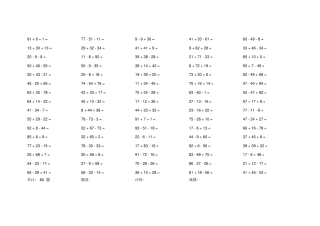 小学一年级100以内加减混合3连加减口算题