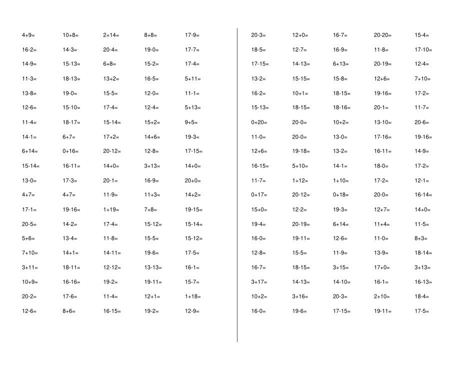 小学一年级20以内加减法打印版_第2页