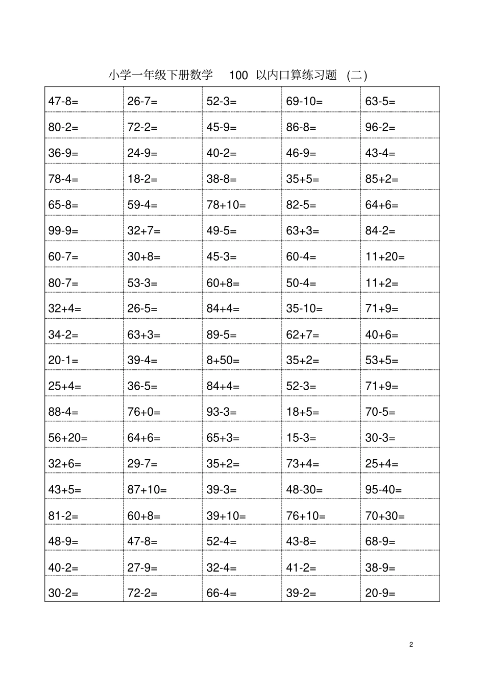 小学一年级下数学100以内口算练习题_第2页