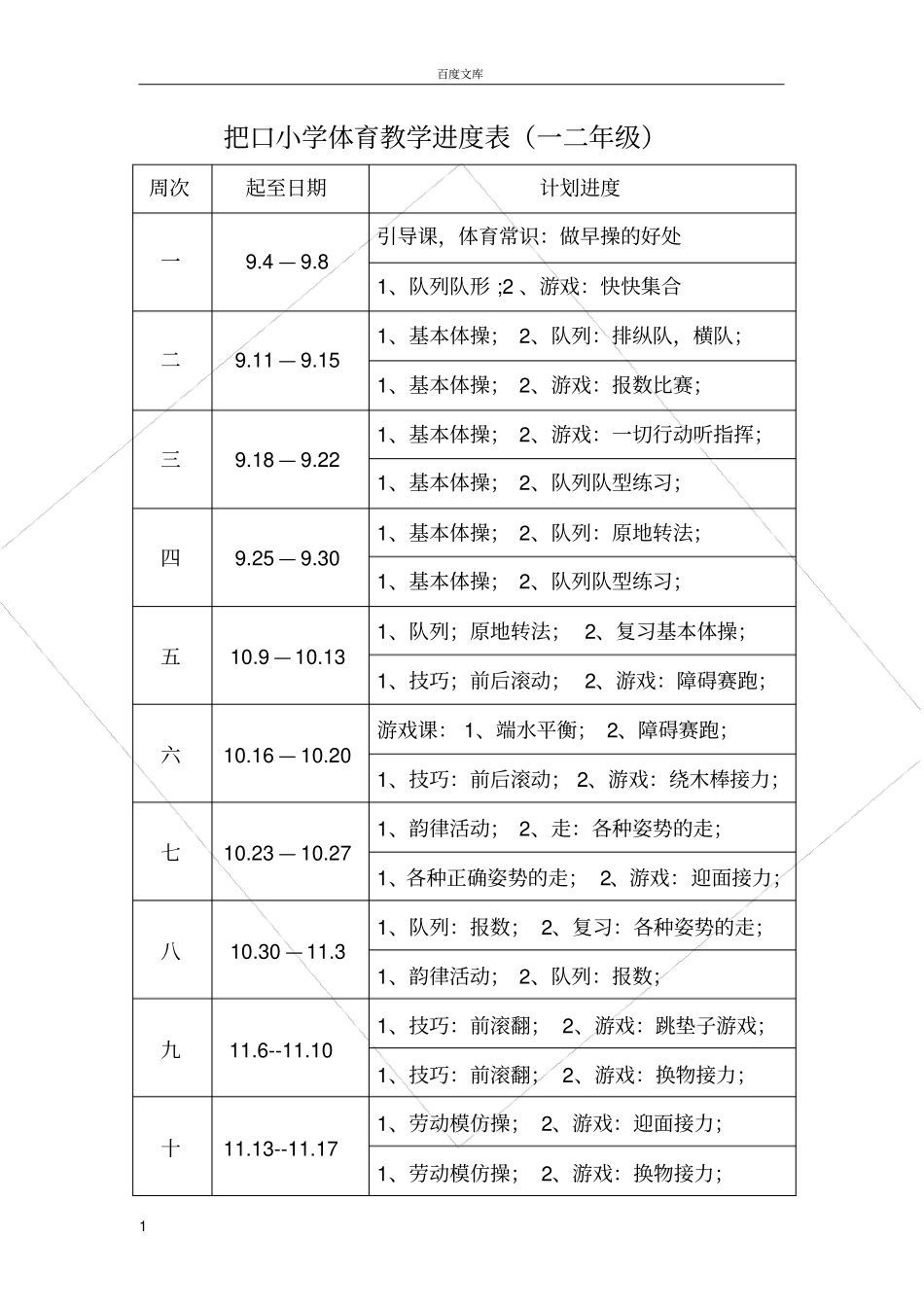 小学一年级体育教学进度表_第1页