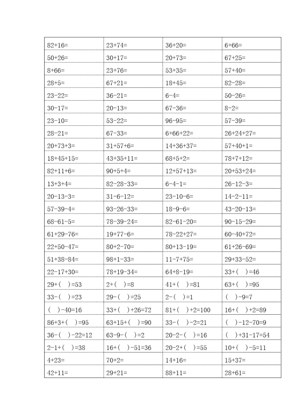 小学一年级数学100以内混合加减法_第1页