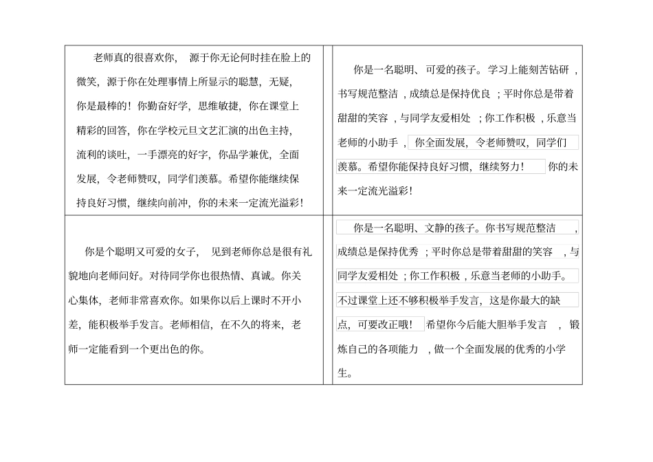 小学一年级素质报告书评语总汇6282_第2页