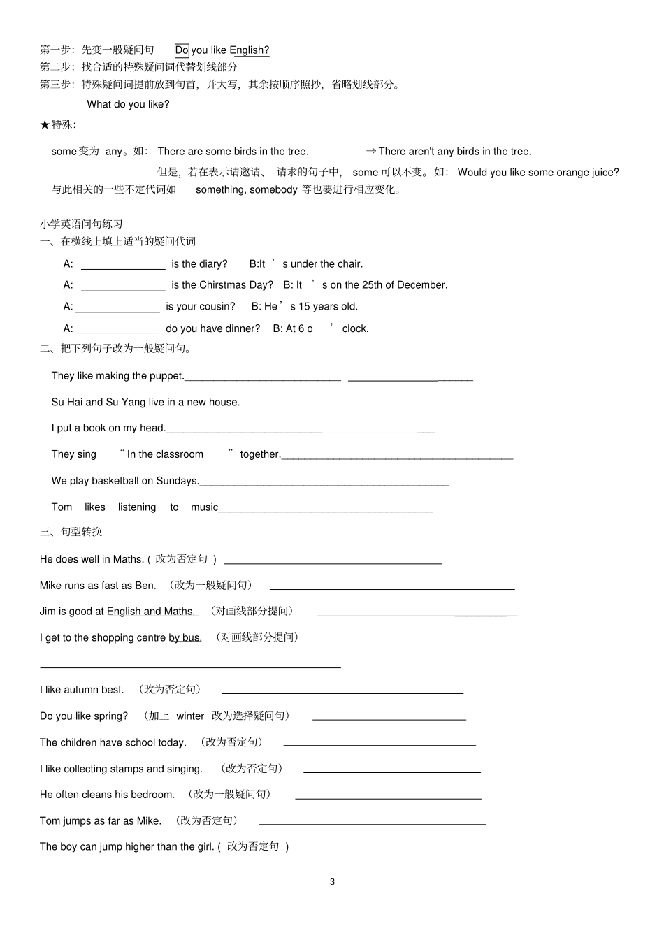小学一般疑问句、特殊疑问句及练习_第3页
