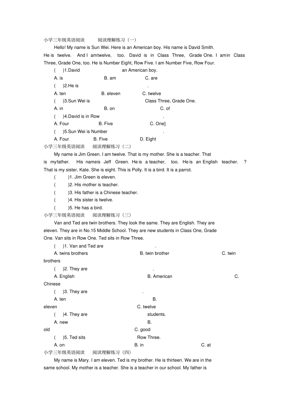 小学三年级英语阅读阅读理解练习一_第1页