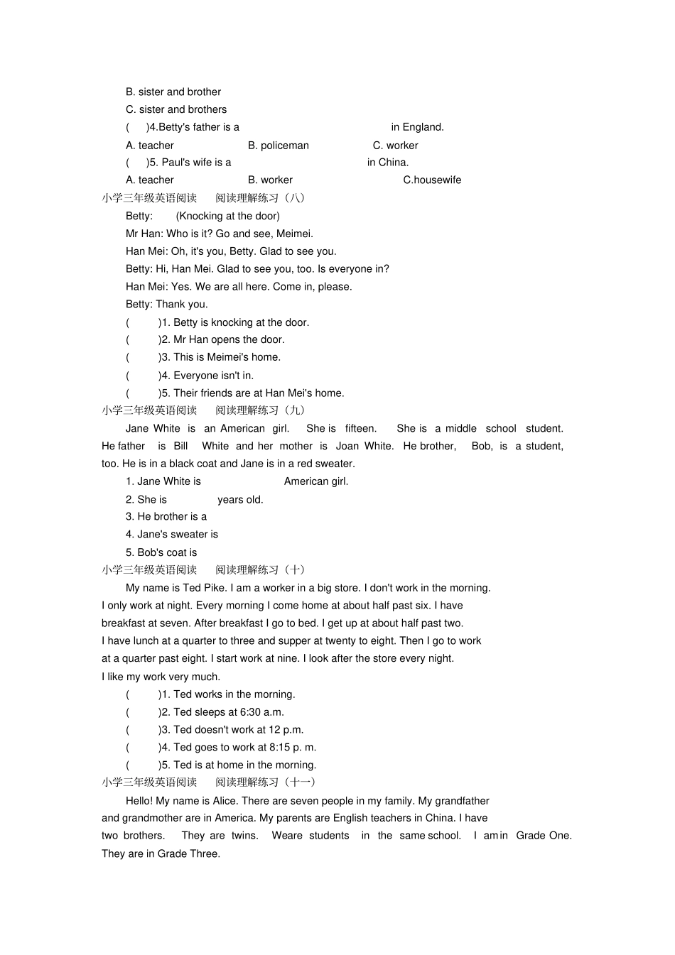 小学三年级英语阅读阅读理解练习一_第3页