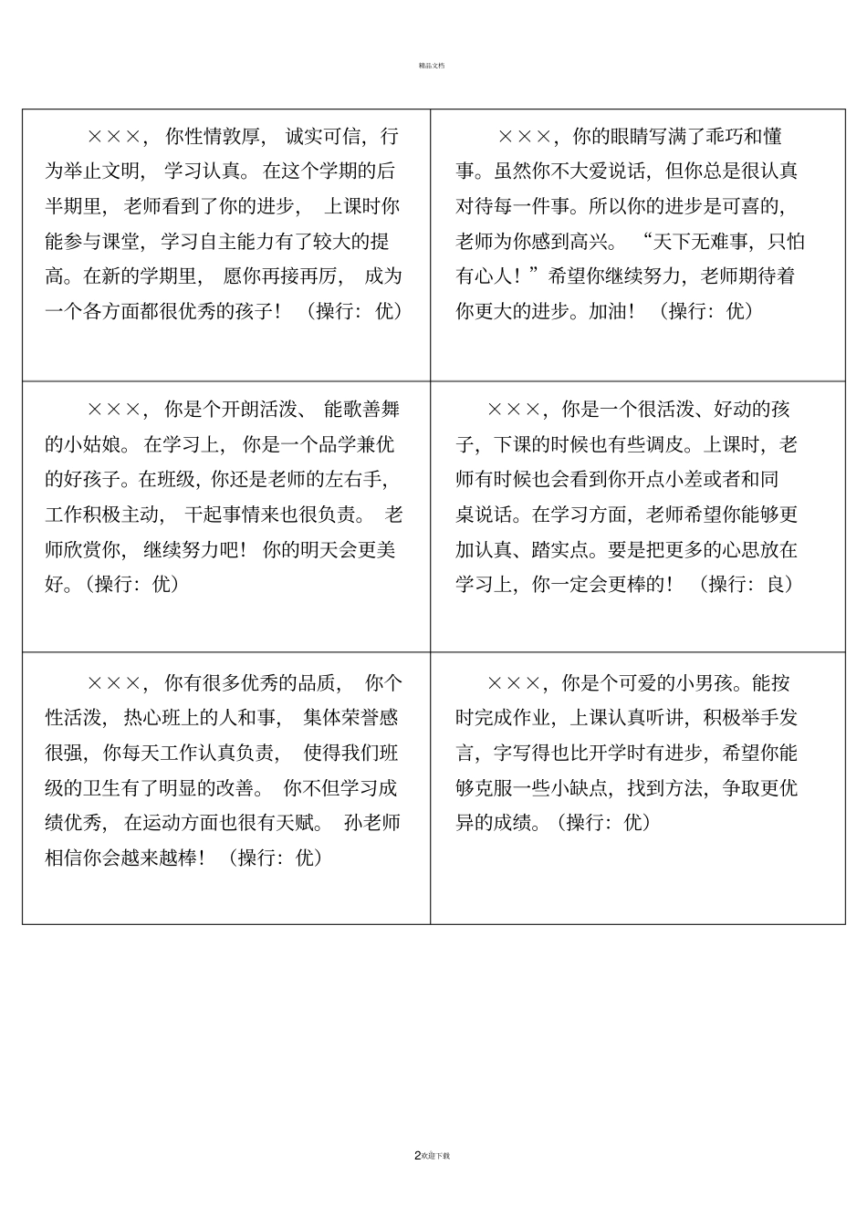 小学二年级学生素质报告单评语_第2页