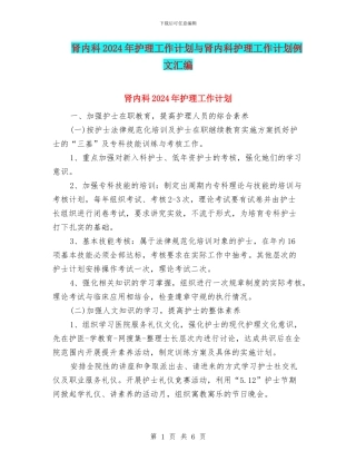 肾内科2024年护理工作计划与肾内科护理工作计划例文汇编