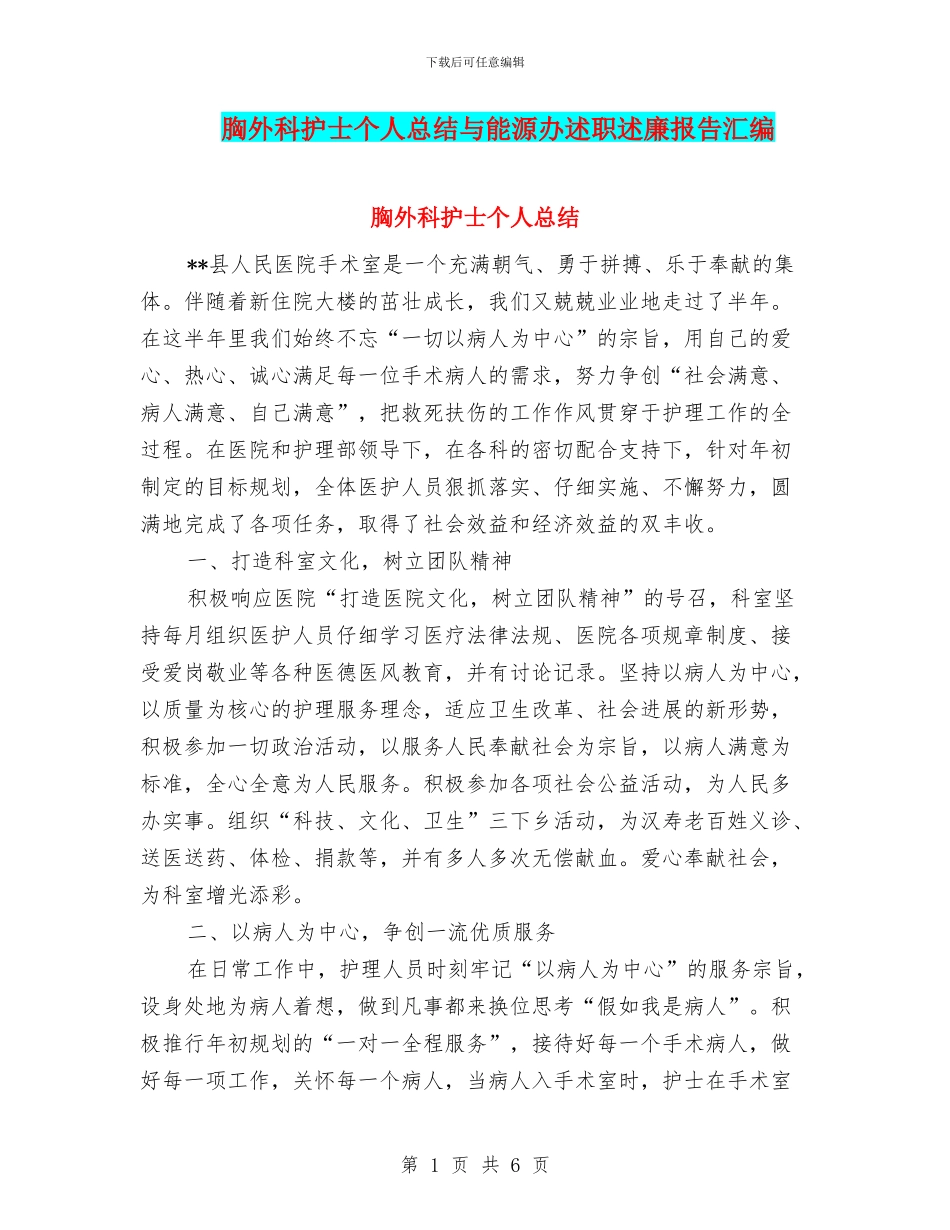 胸外科护士个人总结与能源办述职述廉报告汇编_第1页