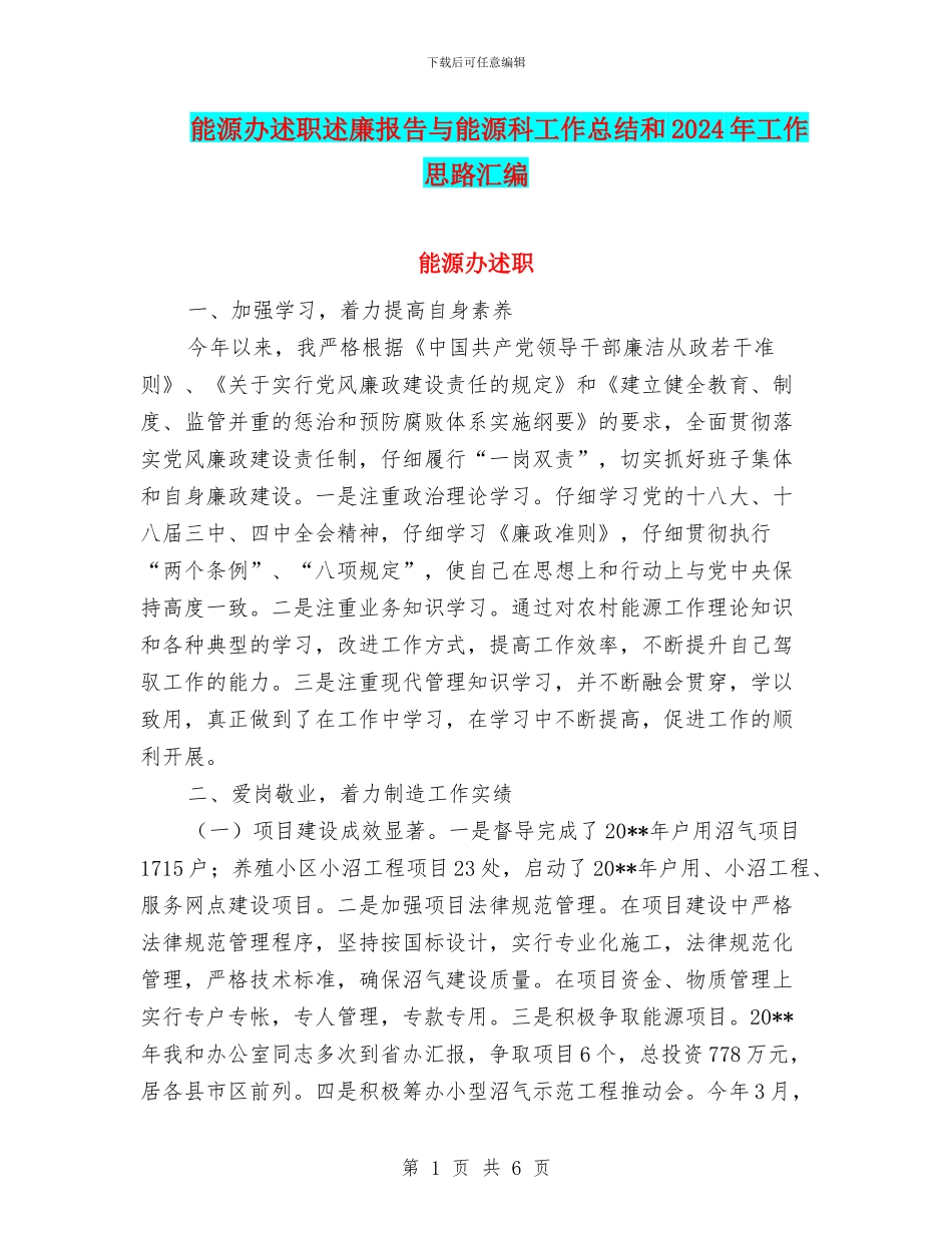 能源办述职述廉报告与能源科工作总结和2024年工作思路汇编_第1页