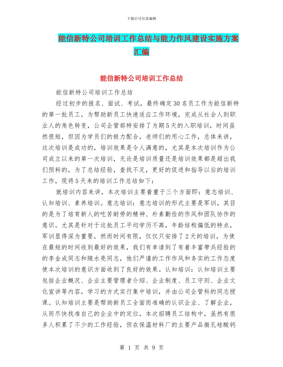能信新特公司培训工作总结与能力作风建设实施方案汇编_第1页