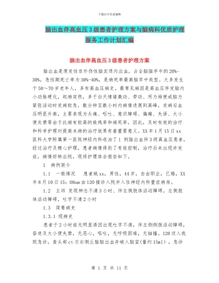 脑出血伴高血压3级患者护理方案与脑病科优质护理服务工作计划汇编