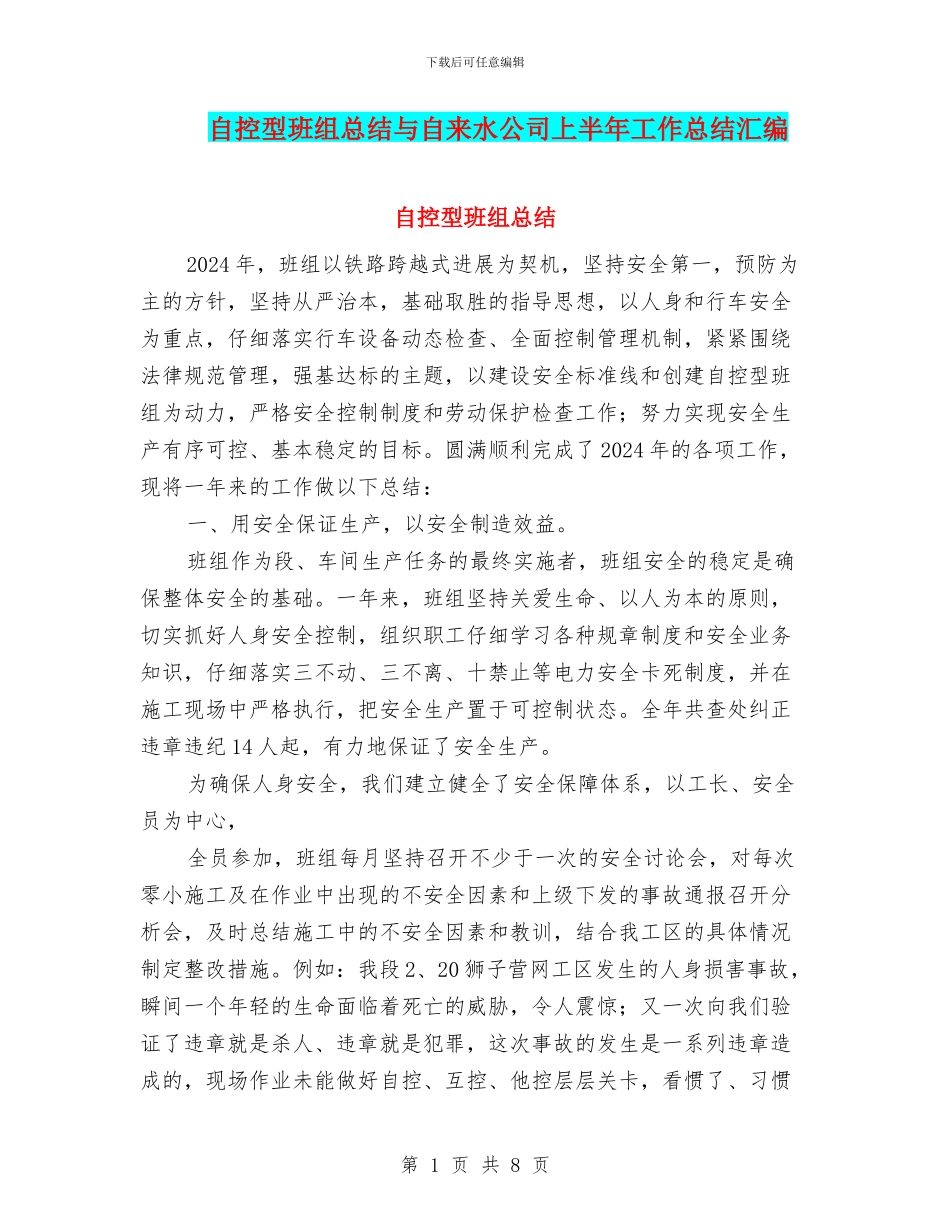 自控型班组总结与自来水公司上半年工作总结汇编_第1页