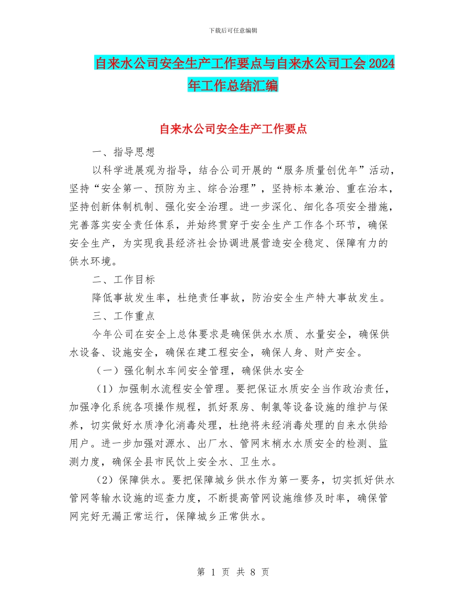 自来水公司安全生产工作要点与自来水公司工会2024年工作总结汇编_第1页