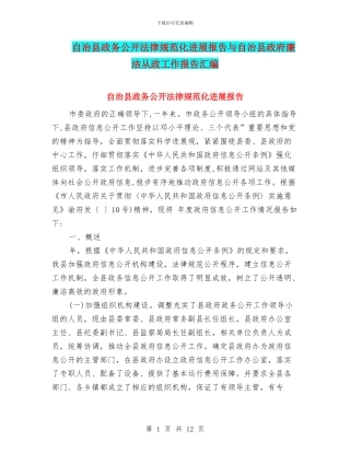自治县政务公开规范化发展报告与自治县政府廉洁从政工作报告汇编