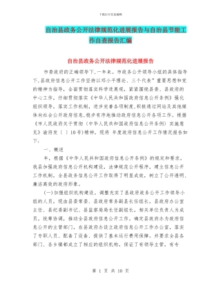 自治县政务公开规范化发展报告与自治县节能工作自查报告汇编